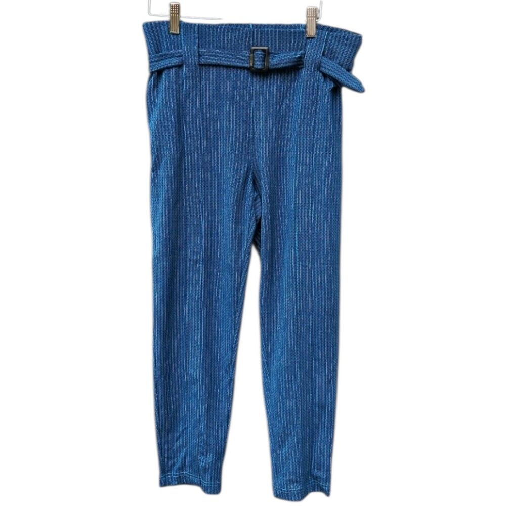 Betabrand Peacock Blue Striped Geometric Belted Pants Size L PETITE Stretch